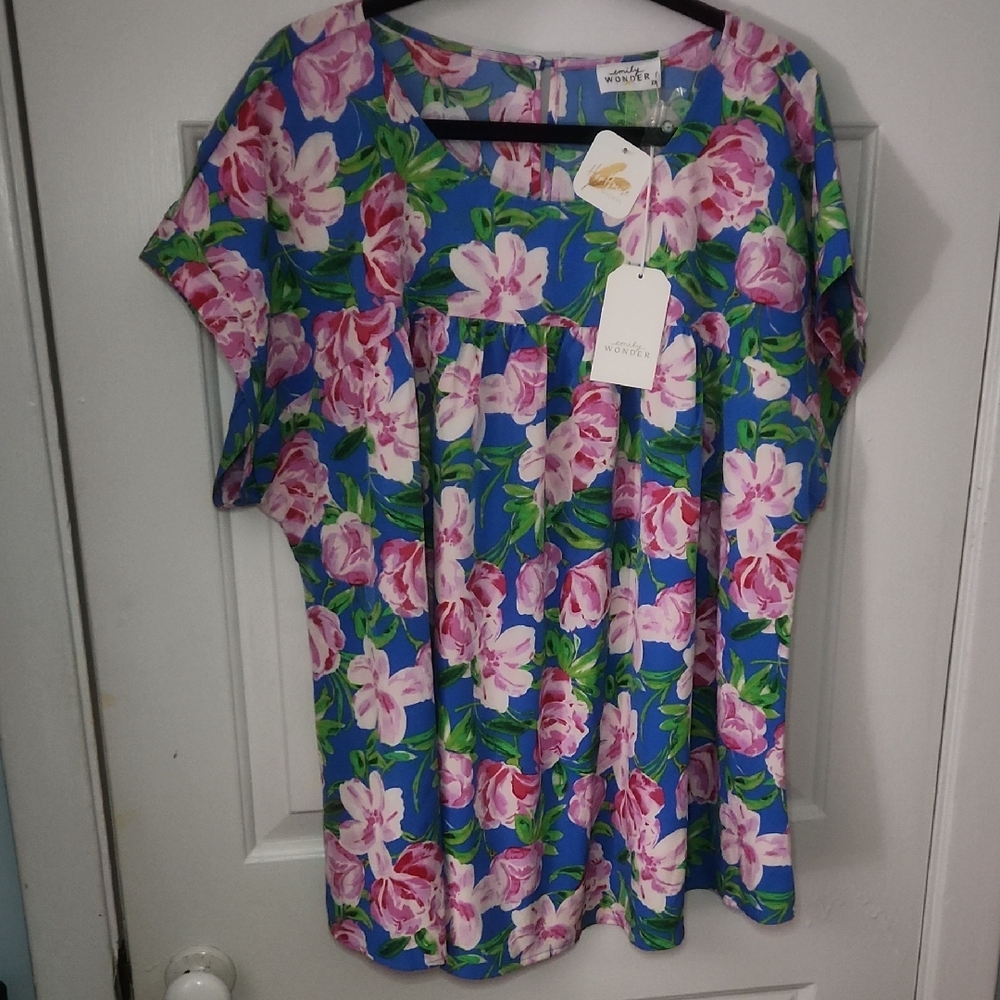 Emily Wonder Floral Print Blouse in Blue and Pink 2X